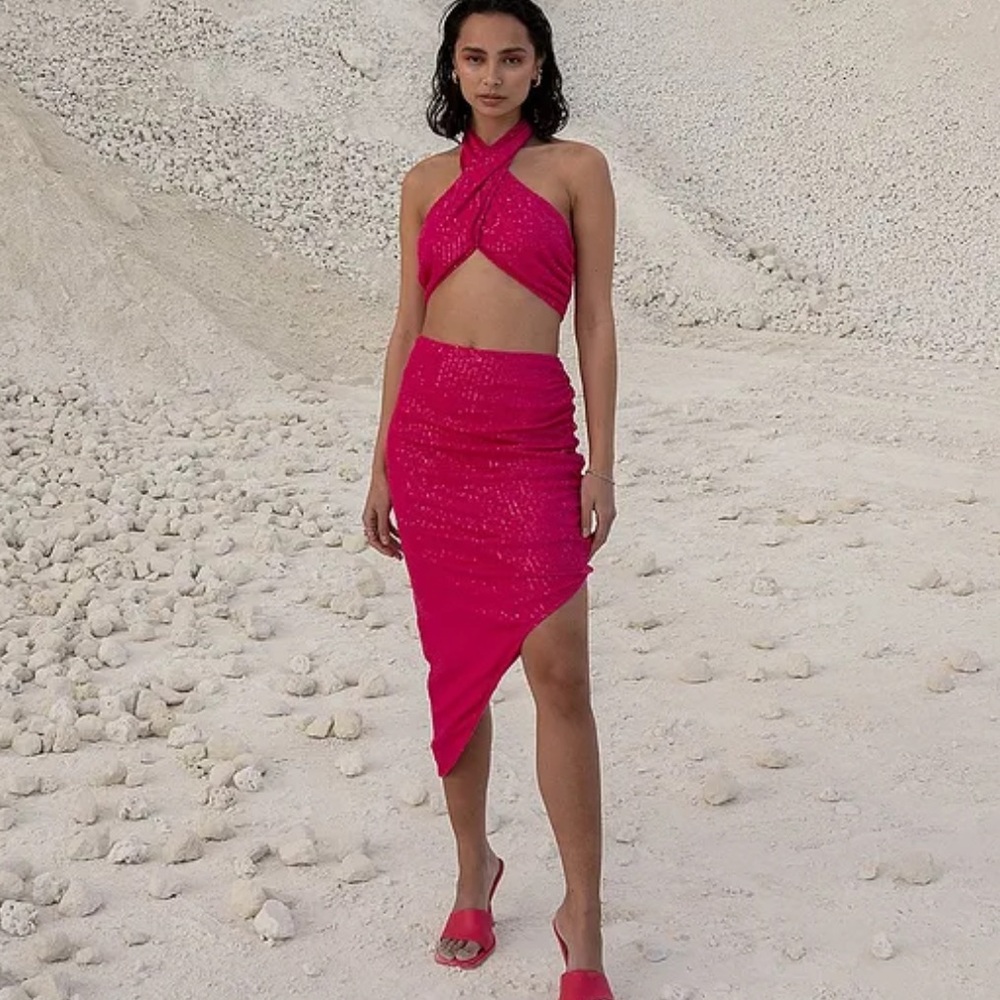 Barbie Pink Sequin Asymmetrical Slit Skirt